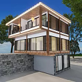 Modern Detached Villa Featuring Large Windows Wooden Accents and Stone Wall Surrounded by Trees