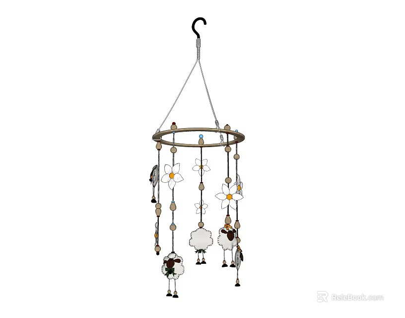 Adorable Hanging Decor With Circular Frame Sheep Figures Daisy And Wooden Beads 3d model 