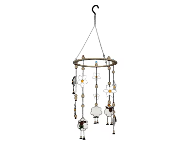 Adorable Hanging Decor With Circular Frame Sheep Figures Daisy And Wooden Beads 3d model