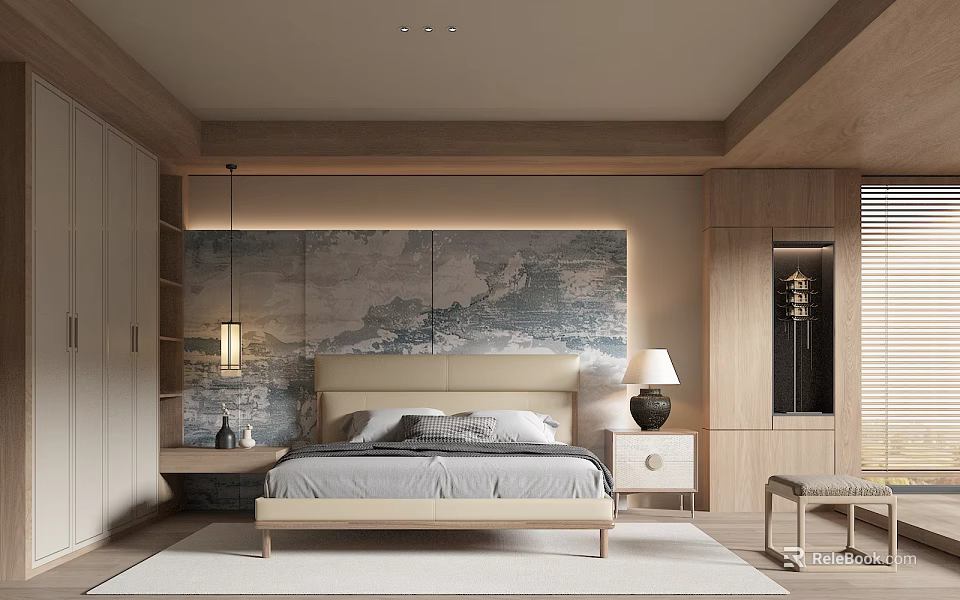 Modern Bedroom Interior Design With Wooden Cabinets Hanging Lamp And Decorative Headboard Wall 3d model 