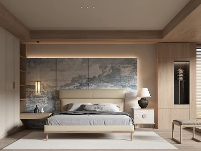 Modern Bedroom Interior Design With Wooden Cabinets Hanging Lamp And Decorative Headboard Wall 3d model