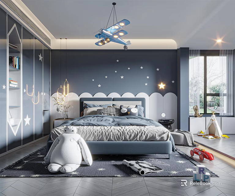 Kids Room Interior With Dark Blue Walls Star Moon Decor Cloud Headboard And Airplane Chandelier 3d model 