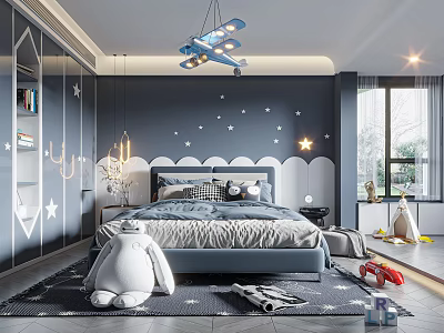 Kids Room Interior With Dark Blue Walls Star Moon Decor Cloud Headboard And Airplane Chandelier 3d model