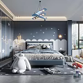 Kids Room Interior With Dark Blue Walls Star Moon Decor Cloud Headboard And Airplane Chandelier