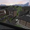 Traditional Chinese Homestay Architecture with Black Tile Roofs Mountain View and Outdoor Courtyard Seating