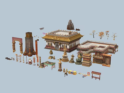 Traditional Chinese Architectural Decorative Elements With Palace Structures Stone Lions Archways Columns And Statues 3d model