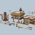 Traditional Chinese Architectural Decorative Elements With Palace Structures Stone Lions Archways Columns And Statues