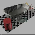 Bathroom Scene with White Bathtub Gray Curtain Red Bucket Green Hose Checkered Mat and Toiletries