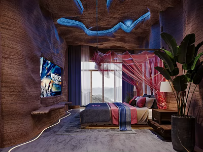 Hotel Room With Unique Textured Walls Red Canopy Bed Mountain View And Blue Lights 3d model