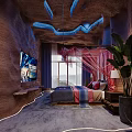 Hotel Room With Unique Textured Walls Red Canopy Bed Mountain View And Blue Lights