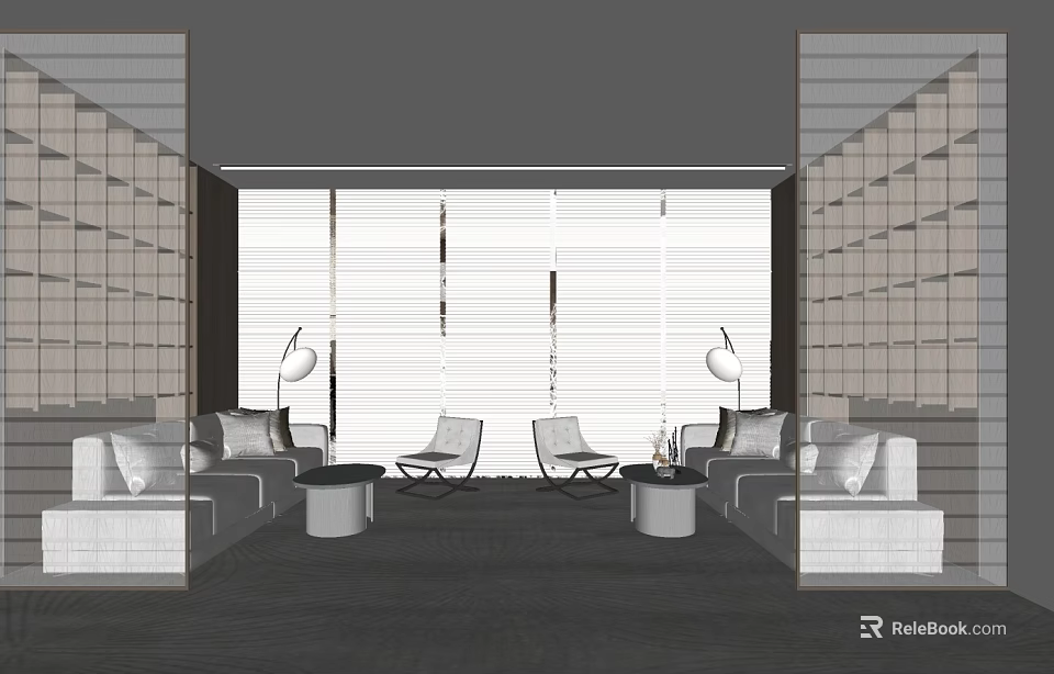 Modern Sales Office Interior With Comfortable Sofa Stylish Chairs And Elegant Floor Lighting 3d model 