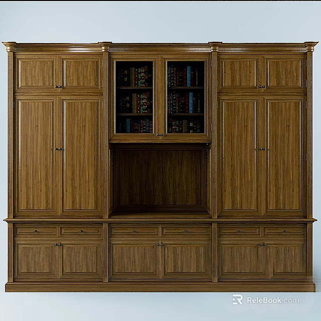 Wooden Storage Cabinet Furniture With Multiple Doors Drawers And Open Bookshelves For Home Library Organization 3d model 