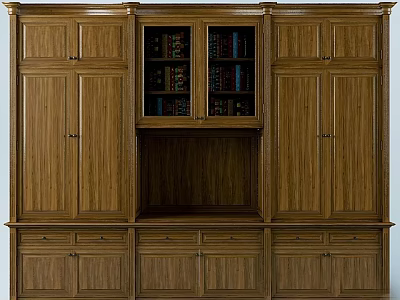 Wooden Storage Cabinet Furniture With Multiple Doors Drawers And Open Bookshelves For Home Library Organization 3d model
