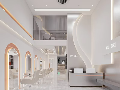 Modern Beauty Hair Salon Interior Design With Reception Area White Chairs Mirrors And Lighting 3d model