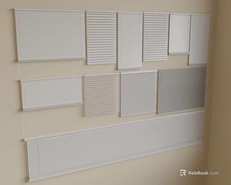Various Window Blinds Designs Displayed On Wall With Different Styles 3d model