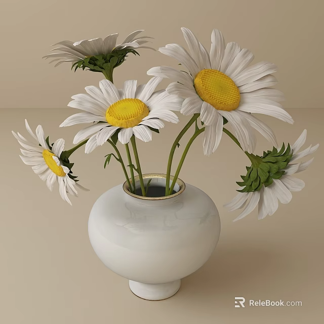 White Ceramic Vase With Fresh Daisies White Petals Yellow Centers And Green Stems 3d model 