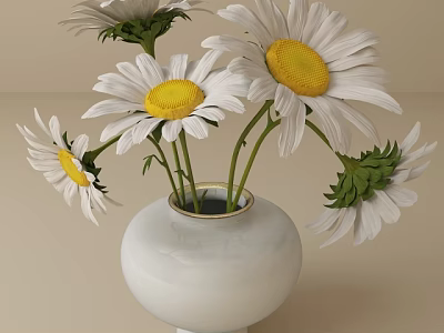 White Ceramic Vase With Fresh Daisies White Petals Yellow Centers And Green Stems 3d model