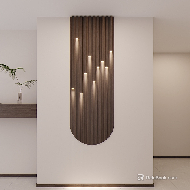 White Interior Wall Design With Curved Wooden Panel Recessed Lights And Green Plant On Shelf 3d model 