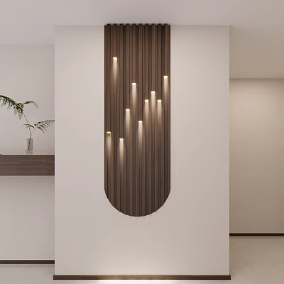 White Interior Wall Design With Curved Wooden Panel Recessed Lights And Green Plant On Shelf 3d model