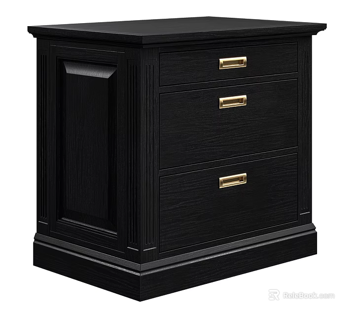 Modern Black Nightstand With Three Drawers And Gold Handles Simple Design 3d model 