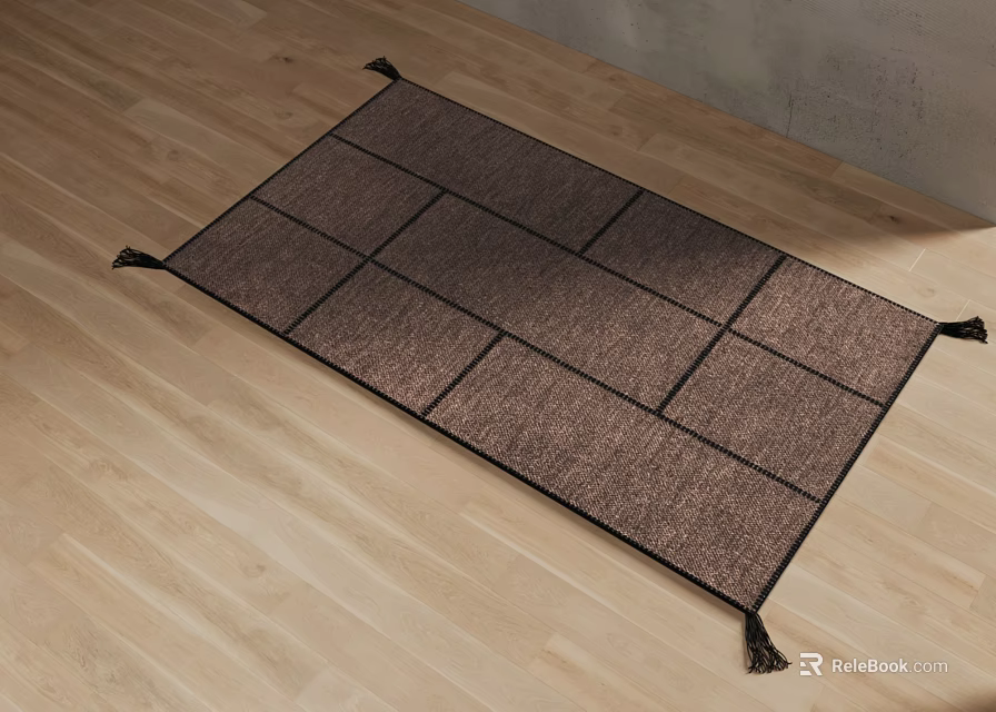 Dark Brown Square Rug with Grid Pattern and Tassels on Light Wooden Floor 3d model 