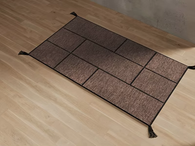 Dark Brown Square Rug with Grid Pattern and Tassels on Light Wooden Floor 3d model
