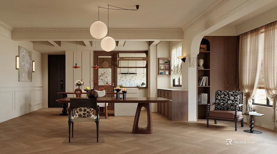 Elegant Dining Room Interior Design With Wooden Table Chairs Bookshelves And Pendant Lights 3d model 