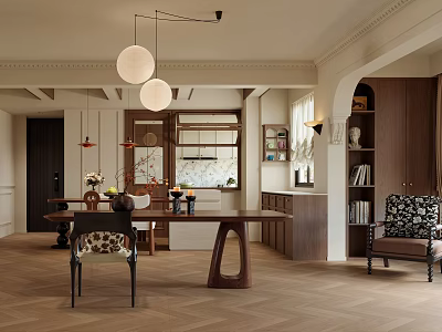Elegant Dining Room Interior Design With Wooden Table Chairs Bookshelves And Pendant Lights 3d model