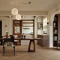 Elegant Dining Room Interior Design With Wooden Table Chairs Bookshelves And Pendant Lights