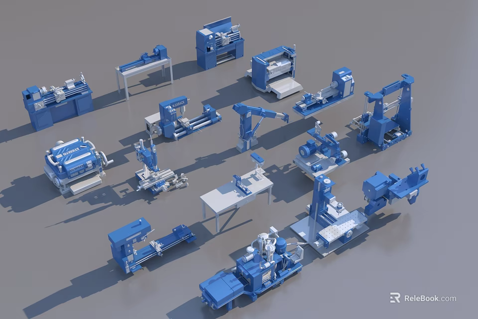 Blue Industrial Equipment Collection With Robotic Arms Machine Tools And Processing Machines 3d model