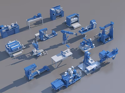 Blue Industrial Equipment Collection With Robotic Arms Machine Tools And Processing Machines 3d model
