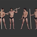 Shirtless Men In Black Shorts Holding Long Sticks In Various Poses On Grey Reflective Floor