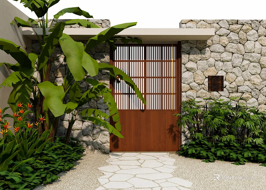 Wooden Entrance Gate With Lattice Design And Stone Wall Surrounded By Green Plants 3d model 