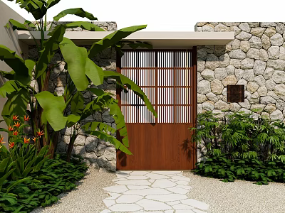 Wooden Entrance Gate With Lattice Design And Stone Wall Surrounded By Green Plants 3d model