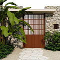 Wooden Entrance Gate With Lattice Design And Stone Wall Surrounded By Green Plants