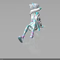Anime Creature Character With White Hair Turquoise Outfit Striped Socks And Pink Sneakers Sitting Pose