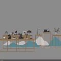 Modern Display Arrangement With Wooden Tables Decorative Vases And Mountain Shapes