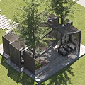 Modern Outdoor Pergola With Glass Panels Wooden Structure Stone Path And Green Lawn