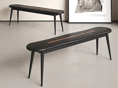 Modern Black Benches With Slim Legs Brown Seat Stripes On Gray Floor With Artwork 3d model