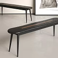 Modern Black Benches With Slim Legs Brown Seat Stripes On Gray Floor With Artwork