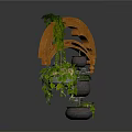 Wooden Arch Shelf With Hanging Green Plant Pots And Tiered Plant Stand
