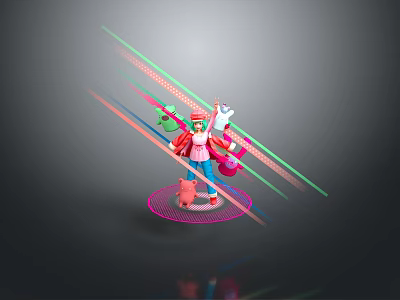 Vibrant Game Movie Character In Red Outfit With Pet And Colorful Neon Lights On Platform 3d model