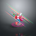 Vibrant Game Movie Character In Red Outfit With Pet And Colorful Neon Lights On Platform