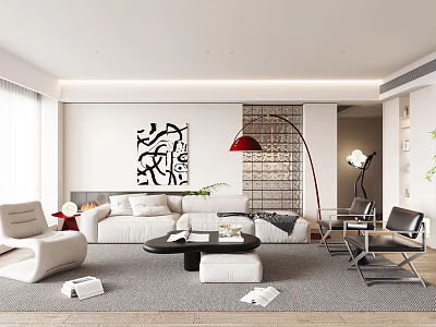Modern Living Room Interior With White Sofa Red Floor Lamp Decorative Painting And Coffee Table 3d model