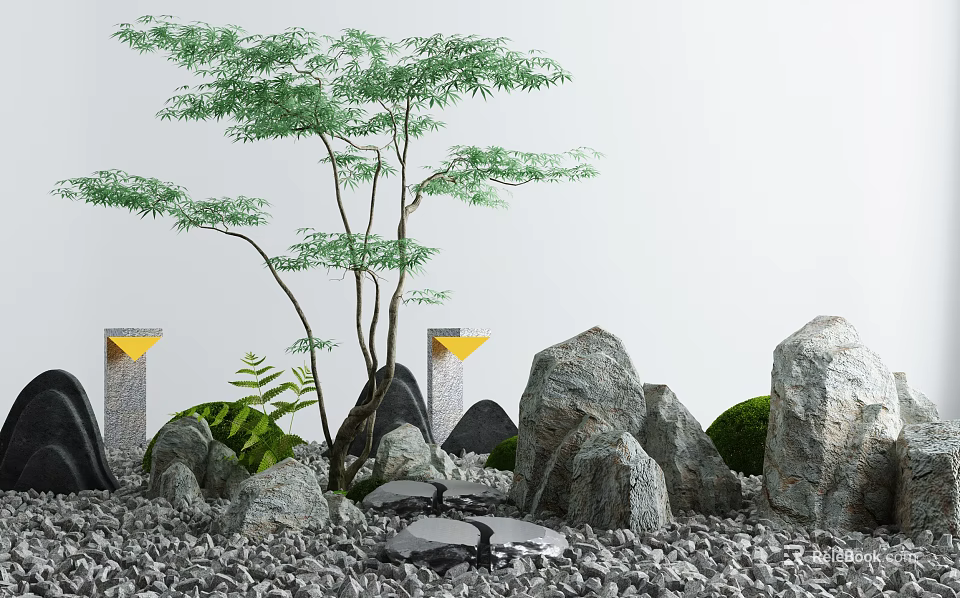 Garden Ornamental Arrangement With Leafy Tree Large Rocks Pebbles Ferns And Decorative Yellow Lamps 3d model 