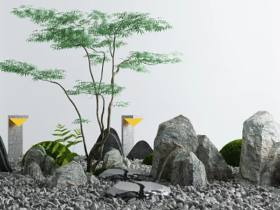 Garden Ornamental Arrangement With Leafy Tree Large Rocks Pebbles Ferns And Decorative Yellow Lamps 3d model