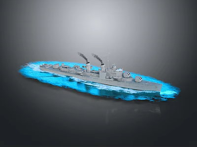 Warship Navigating On Blue Sea With Smoke Emitting From Chimneys 3d model