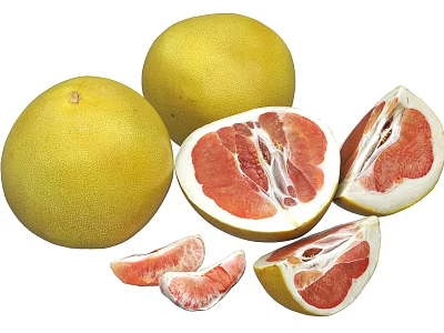 Fresh Whole Yellow Grapefruits With Juicy Red Flesh And Sliced Pieces 3d model