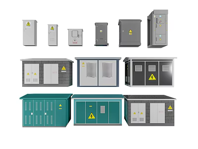 Industrial Equipment Electrical Enclosures Featuring Safety Warning Labels Different Sizes and Colors 3d model