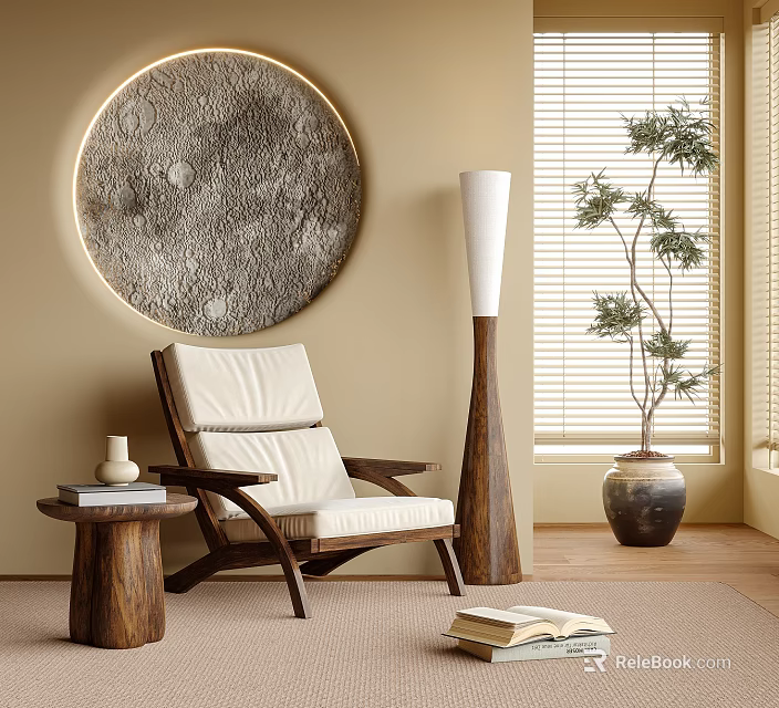 Modern Accent Chair With Wooden Frame Cream Cushion Textured Round Wall Art And Floor Lamp 3d model 